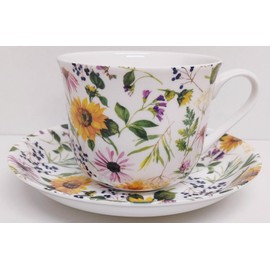 Rainbow Decors Sunflowers Meadow Cup & Saucer Fine Bone China Jumbo Breakfast 15fl oz 425 ml Flowers Floral Hand Decorated in UK