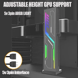 Black Graphics Card Support Bracket ARGB VE180-Black, GPU Stand Brace Sag Holder Black with Adjustable Slide Height, Built-in 5v 3pin ARGB, Vertical Type Rubber Pad Magnetic Base (Black)