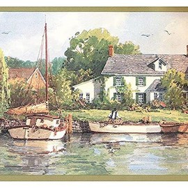CONCORD WALLCOVERINGS ™ Wallpaper Border Nature Pattern Lake House Boat for Living Room Cottage Farmhouse, Green Brown Blue, 15 ft by 7 in HRB4157