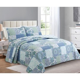 Cozy Line Home Fashions Blue Fleur-de-lis Stylish Floral Aqua Blue Patchwork 100% Cotton Reversible Bedding Quilt Set, Bedspread, Coverlet (Peace Love, Queen - 3 Piece)