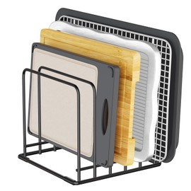 AKSONMN Space-Saving Kitchen Organizer – Heavy-Duty Steel Rack with 5 Slots for Cutting Boards, Baking Trays, and Cookware – Anti-Slip Bakeware Holder for Countertop and Cabinet Storage