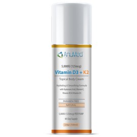 AnuMed International AnuMed Vitamin D3 K2 5,000 IU Cream with Magnesium, Hyaluronic Acid, Vitamin E. Best Moisturizer for Dry Skin. Promotes The Immune System, Strong Bones, Muscles, and Joints (Packaging May Vary) (3oz)