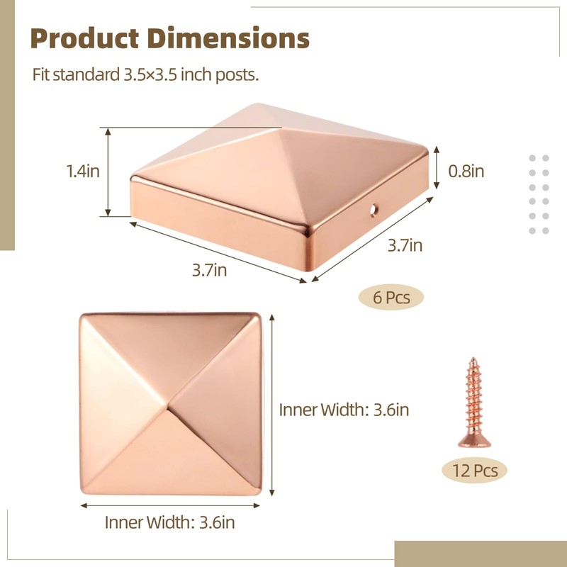 6 Pcs 3.5" x 3.5" Solid Copper Post Cap Fence