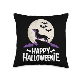 Happy Halloweenie Dachshund Moon Bat Cute Weiner Dog Throw Pillow