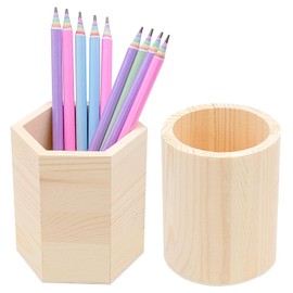 Bakiauli Set of 2 Wooden Pen Holders, Round and Hexagon Pen Holder, DIY Pen Cup for Desk, Office, Make-Up, Schoo