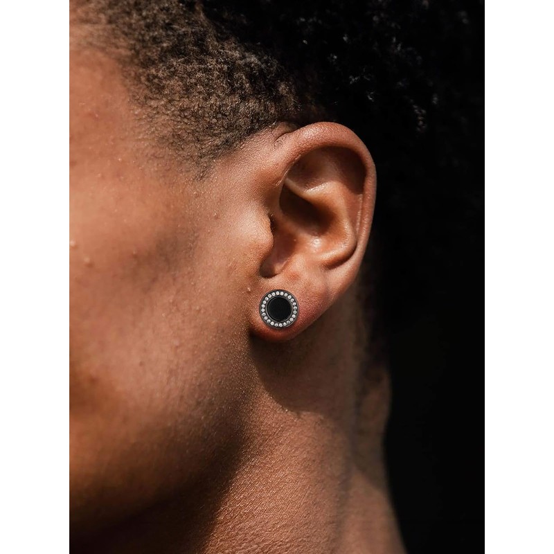 U7 Black Onyx Mens Earrings 925 Sterling Silver Round Black