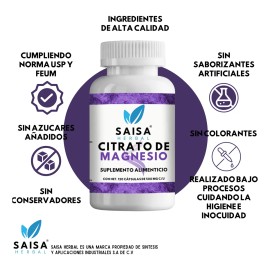 Citrato De Magnesio Puro Con 120 Cápsulas De 500 Mg C/u. | Suplemento Alimenticio | Alta biodisponibilidad | Sin sabor Saisa Herbal | Apoyo del sueño, energía, vitalidad