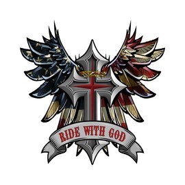 Premium Ride with God Wings and Cross Helmet Sticker Decal – Motorcycle Tank, Tool Box, Bumper Vinyl for Car, Truck – Weatherproof, Durable Christian Faith Vinyl Decal (6x6 inches)