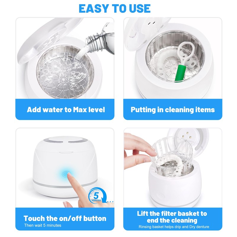 Ultrasonic denture cleaner for dentures, mouth guards, braces, toothbrush heads,