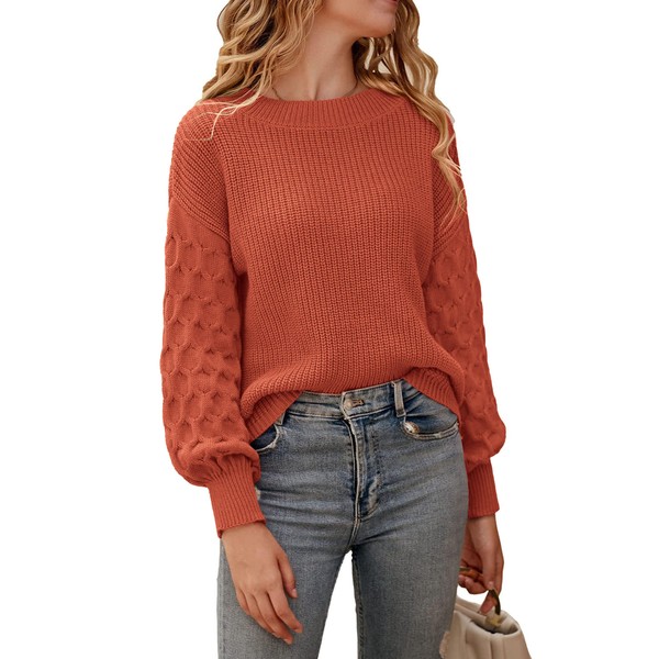 PRETTYGARDEN Women's 2023 Winter Pullover Sweater Casual Long Sleeve Crewneck Loose Chunky Knit Jumper Tops Blouse (Orange,Medium)