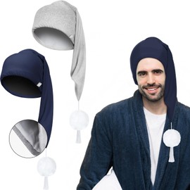 Geyoga 2 Pcs Men Silk Night Sleeping Cap Adjustable Drawstring Night Sleeping Cap with Pom Ball for Daily Use(Light Gray, Navy Blue,Satin Lined)