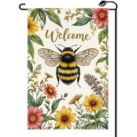 Summer Floral Bee Garden Flag 12x18 Inch Double Sided Seasonal Spring Welcome Flowers Small Flags Farmhouse Outside Decoration For Yard,Patio, Porch and Lawn (ONLY FLAG) XJ64