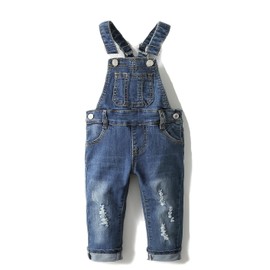 KIDSCOOL SPACE Little Girl Boy Jean Overalls,Toddler Ripped Denim Cute Slim Pants,Blue,7-8 Years