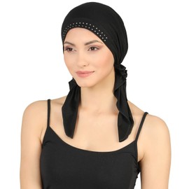 Deresina Headwear Jewelled Chemo Head Scarf for Women, Pre-Tied Bandana for Hair Loss, Turban for Ladies, Skull Cap, Breathable Beanie, Hat for Chemotherapie Patients (Jewelled Black)