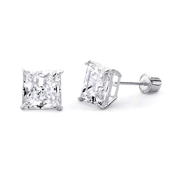 14k White Gold 7mm Princess Square Solitaire Basket Set Stud