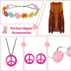 FunMular 60s 70s Outfits for Women Hippie Costume Set Peace Sign Earring Headband Fringe Vest Tassel Cardigan (S, Khaki)