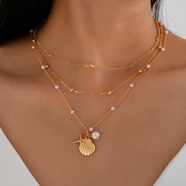 Starfish Neckalce Gold Seashell Necklace Pearl Conch Shell Necklaces for Women Beach Charm Necklaces Summer Vacation Beaded Choker Necklace Beach Jewelry for Women (Style 4 - 3layer choker starfish shell)