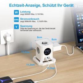 FDTEK Socket Cube with LED Screen, Real-time Power Measurement, 8-in-1 Multiple Socket Cube 4000 W, 4-Way Power Strip with 3 USB, Multiple Plug Switch for Office, Home