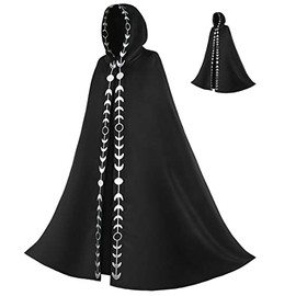 FMMOEK Unisex Moon Phases Embroidery Hooded Cloak Mysterious Medieval Renaissance Long Cape Witch Robe Cosplay Moon Costume(S-M, black)