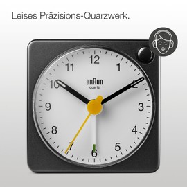 Braun Classic Analogue Travel Alarm Clock with Snooze Function and Light, Compact Size, Quiet Quartz Movement, Crescendo Alarm, Black and White Model BC02XBW