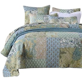 MaiuFun Cotton Bedspread Quilt Sets King Size, Reversible Bohemian Floral Patchwork with Real Stitched Plaid Patterns, 3-Piece Bedding Coverlet for All Season (1 Quilt + 2 Pillow Shams)