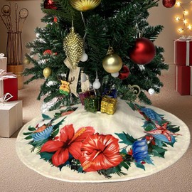 Mele Kalikimaka Hawaiian Christmas Tree Skirts – 36 Inch Xmas Tree Mat with Tropical Wreath Design, Classic Holiday Decoration for Artificial & Real Trees, Festive Christmas Décor