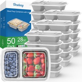 50 Pack (100-Piece) 28 oz Meal Prep Containers Reusable with Lids 2-Compartment, Sturdy Leakproof Food Safe, Microwave Freezer Dishwasher Safe, To Go Take Out Plastic Food Storage, Silver