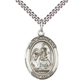 Saint Catherine of Siena Medal Necklace – Pewter Pendant with 24-Inch Light Rhodium Plated Heavy Curb Chain – Patron Saint of Fire Prevention – Velvet Gift Box Included