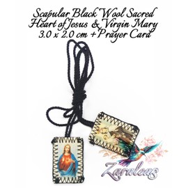 Catholic Scapular Black Wool Virgin of Carmel & Sacred Heart of Jesus Sagrado Corazón Rectangular Icon Stitch Classic Handmade by Zaraleas (3.0cm x 2.0cm)