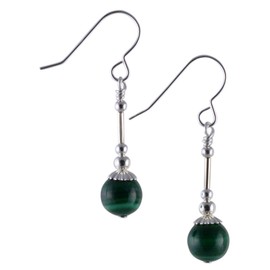 Green Banded Malachite Gemstone & Sterling Silver Hook Drop Earrings with Gift Box