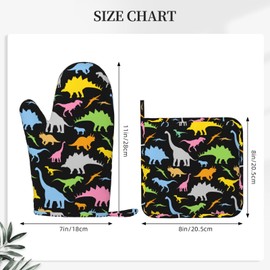Cartoon Dino Dinosaur Oven Mitts and Pot Holders Sets of 4, Heat Resistant Silicone Oven Mittens and Potholders Gloves Hot Pads for Kitchen Cooking Baking Grilling BBQ Chef