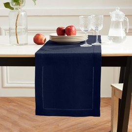 Solino Home Linen Indigo Navy Hemstitch Table Runner 60 Inches - 100% Pure Linen Small Table Runner 14 x 60 Inch Ideal for Dresser and Coffee Tables - Sonoma Hemstitch, Summer