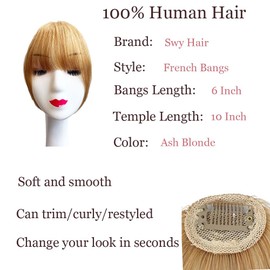 Bangs Hair Clip in Bangs 100% Real Human Hair Extensions Wispy Bangs French Bangs Clip on Air Bangs for Women (Z-Ash Blonde, French Bangs)