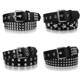 4 Piece Studded Rivet Double Grommet Belt Set - Faux Leather Gothic Goth Black - Punk Style Accessories for Men Women - Ideal Gift
