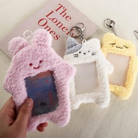 Zhuluck Pink Cute Plush Photocard Holder with Keychain, Cartoon Bear Rabbit Cat Photo Sleeve Cartoon Plush Photo Sleeve Protective Case Photo Albums, Cute Photocard Holder, Frames Accessories