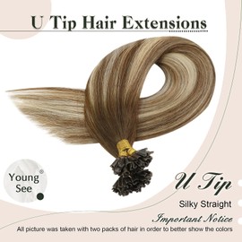 YoungSee Balayage U Tip Human Hair Extensions Medium Brown with Platinum Blonde U Tip Human Hair Pre Bonded Fusions Extensions Keratin Human Hair Extensions U Tip Real Hair 50grams 50strands