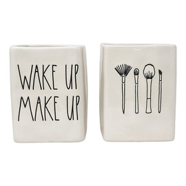 Rae Dunn Set of 2 Ceramic Brush Cup Holders (Make Up/Wake Up/White)