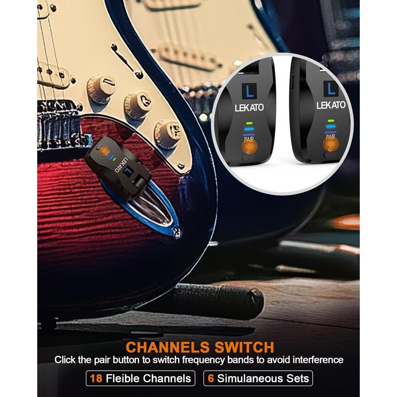 LEKATO 2.4Ghz Wireless Guitar System Exclusive Mute Plug for Electric