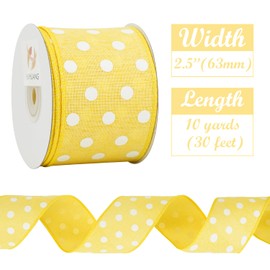 HUIHUANG Yellow Polka Dot Burlap Ribbon Wired Edge Ribbon 2.5 Inch X 10 Yards Summer Lemon Sumflower Wreath Ribbon with Wire for DIY Crafts Party Gift Wrapping Decoration Wreath Bow Home Decoration