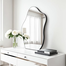 Cloud Vanity Mirror,Large Makeup Mirror Cloud Shape,Black Wavy Mirror,Irregular Bathroom Mirror,Wood Framed Asymmetrical Mirror for Bathroom Living Room Entryway Bedroom Desk 18"x22"
