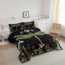 Wildflower Dragonfly Bedding Set Inner Fill for Boys Girl Twin,Moon Phase Botanical BKids Comforter Vintage Plant Nature Blossom Leaf Floral Garden Herbs Leaves Comforter Set,Bohemian Quilt Set Decor