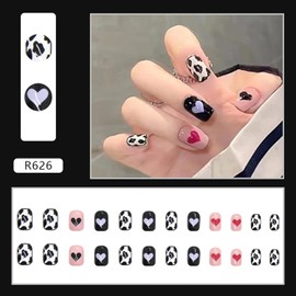 24PCS Full Cover Reusable False Nails Kits, Short Length Press on Nails, Artificial Acrylic Fake Nails for Women, Cow Print Love Heart Acrylic Nails Design, Glue on Nails Fake Nails for Nail Art
