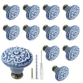 Biaungdo 12 Pcs Light Blue Ceramic Kitchen Cabinet Knobs, Retro Ceramic Dresser Knobs, Vintage Round Drawer Knobs, Decorative Knobs and Pulls, Closet Door Knobs Handles for Cabinet, Drawer, Cupboard