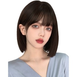 FESHFEN Wig, Short Bob, Full Wig, Women's, Straight Wig, Natural Short Bob, Semi-Long Bob, Women's, Stylish, Cute, Heat Resistant, Smooth, Fashion (Black Brown)
