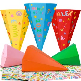 Draupnir Pack of 6 Sibling School Cones, 25 cm Small School Cone, Sugar Bag for School Enrolment, Foldable Sugar Cone, School Cone Craft Set with 7 Stickers for Boys Girls Party Gift Packaging