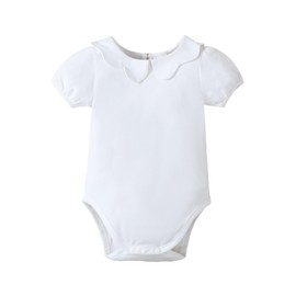 LYSMuch Baby Girls Peter Pan Collar Bodysuit Toddler Ruffle Romper Short Sleeve Solid Color Clothes(White,9-12Months)