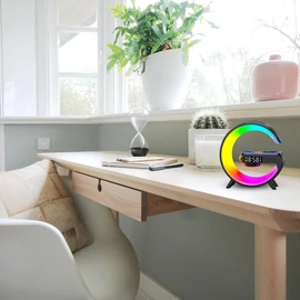 OrionMart Alarm Clock G Shaped Bedside Lamp Wireless Charger & Speaker - Color Changing Table Lamp Night Light - Premium Gift Idea