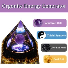Orgone Pyramid, Amethyst Healing Crystal Pyramid and Orgonite Healing Stones, Protection Crystal Energy Generator for Yoga, Meditation, Stress Reduce