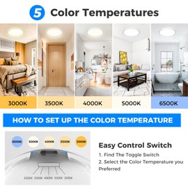 Peasur Ceiling Light LED Ceiling Light Flat 5 Colours 3000/3500/4000/5000/6500K, IP54 Waterproof Bathroom Lamp Ceiling, 24 W Modern Round Lamp for Bathroom, Hallway, Bedroom, Basement, Living Room