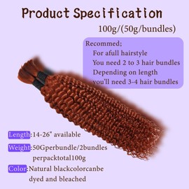 350 Human Hair for Boho Braids 22 Inch Boho Hair for Braiding 2 Bundles 110g 12A Ginger Curly Boho Braids for Human Hair Bulk (Ginger350, 22inch)